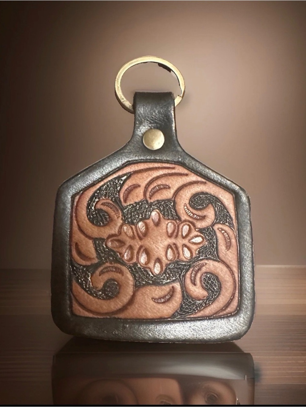 Tooled Leather Cowhide Ear Tag Keychain